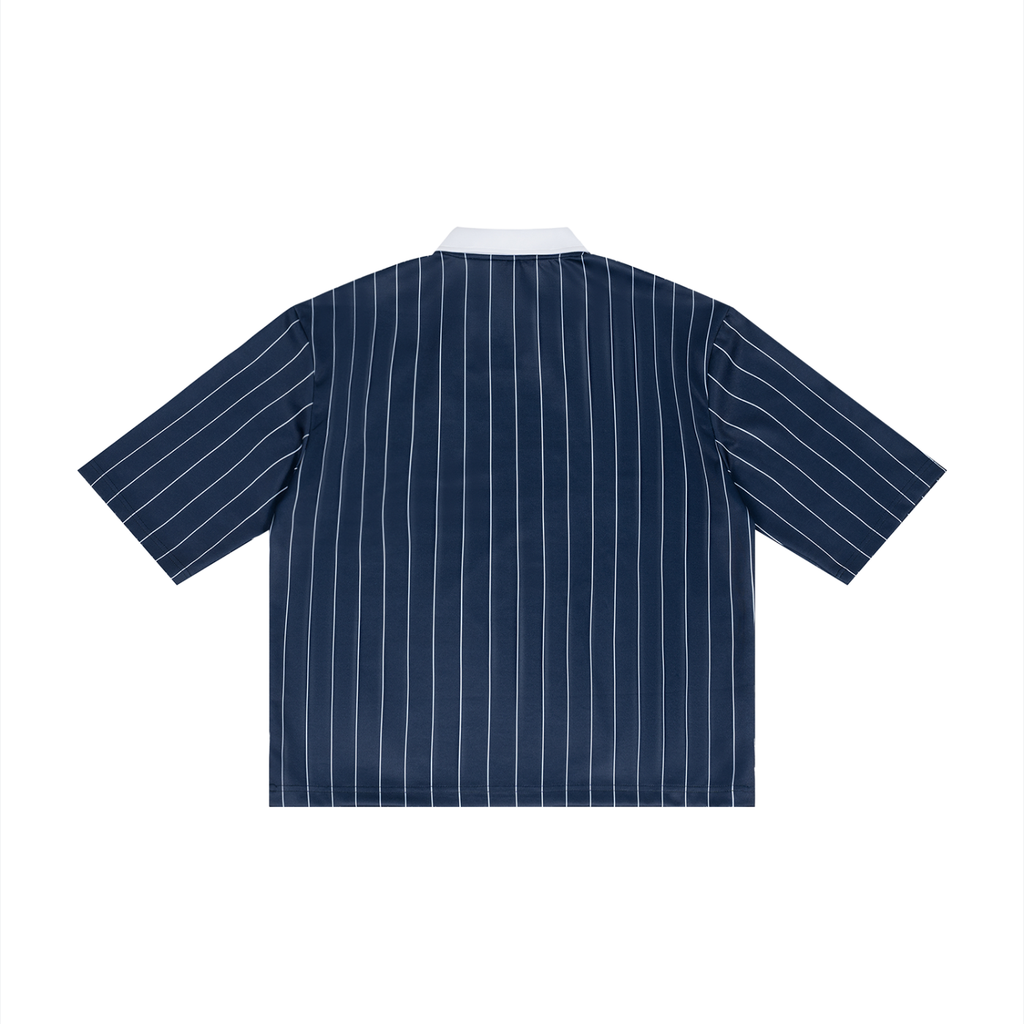 Navy pinstripe shirt on a white background