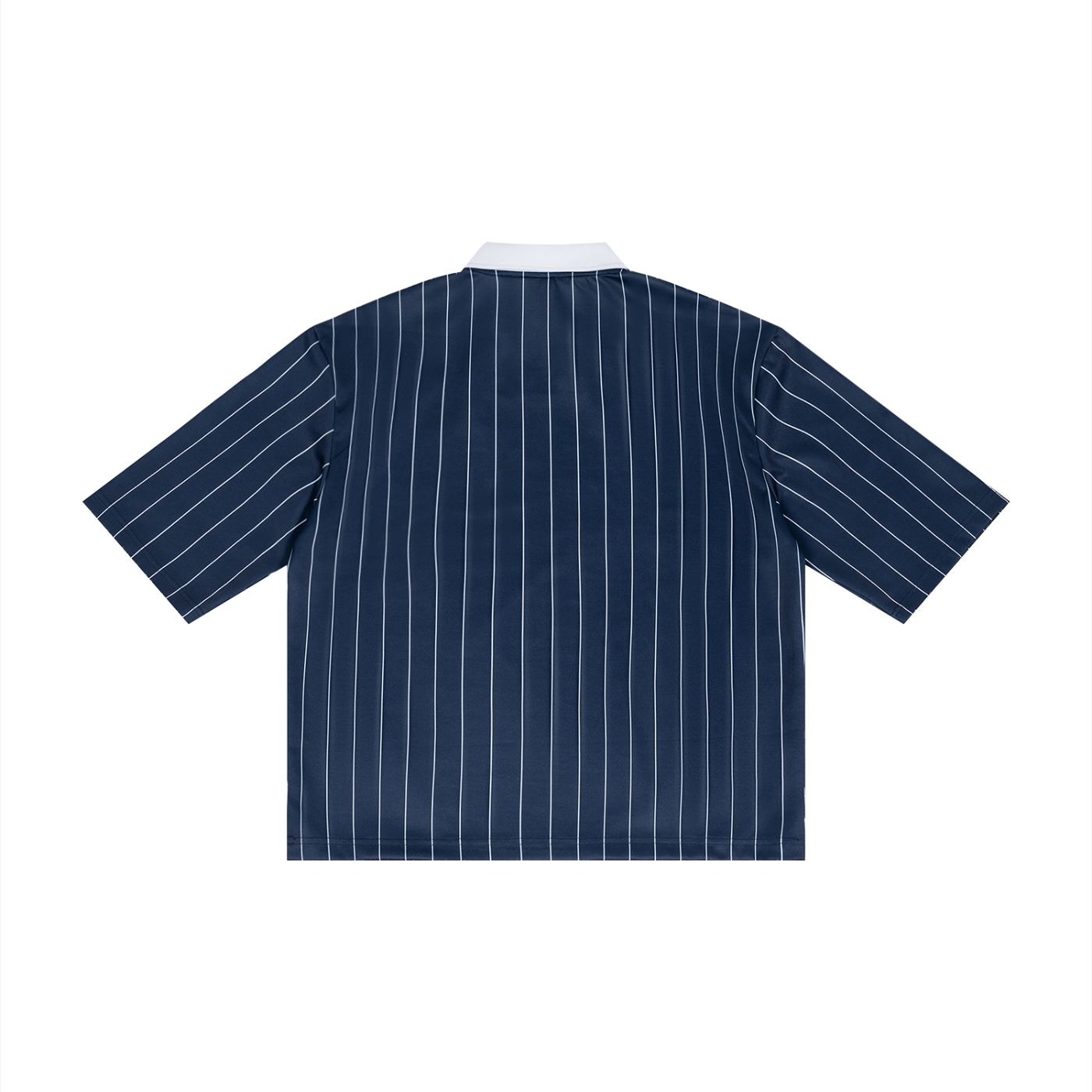 Navy pinstripe shirt on a white background