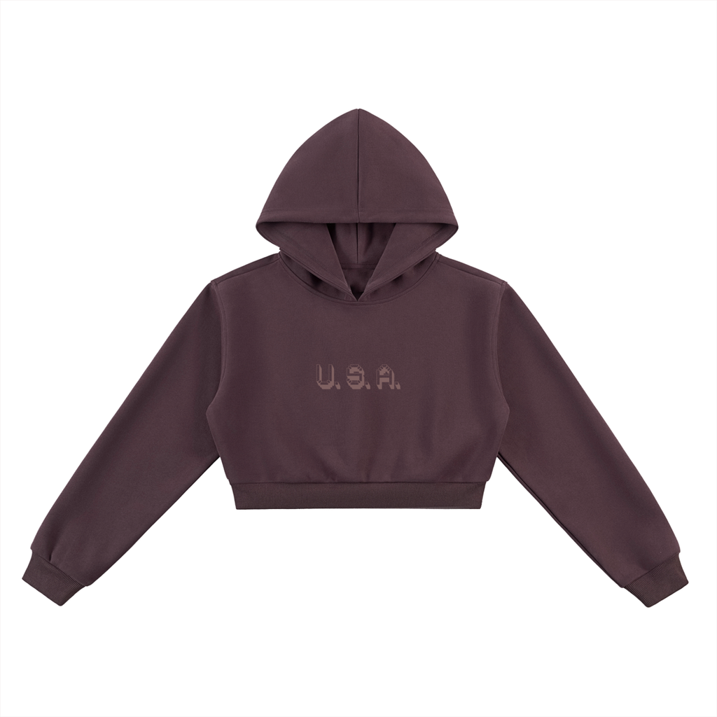 Brown hoodie with a pink logo on a white background