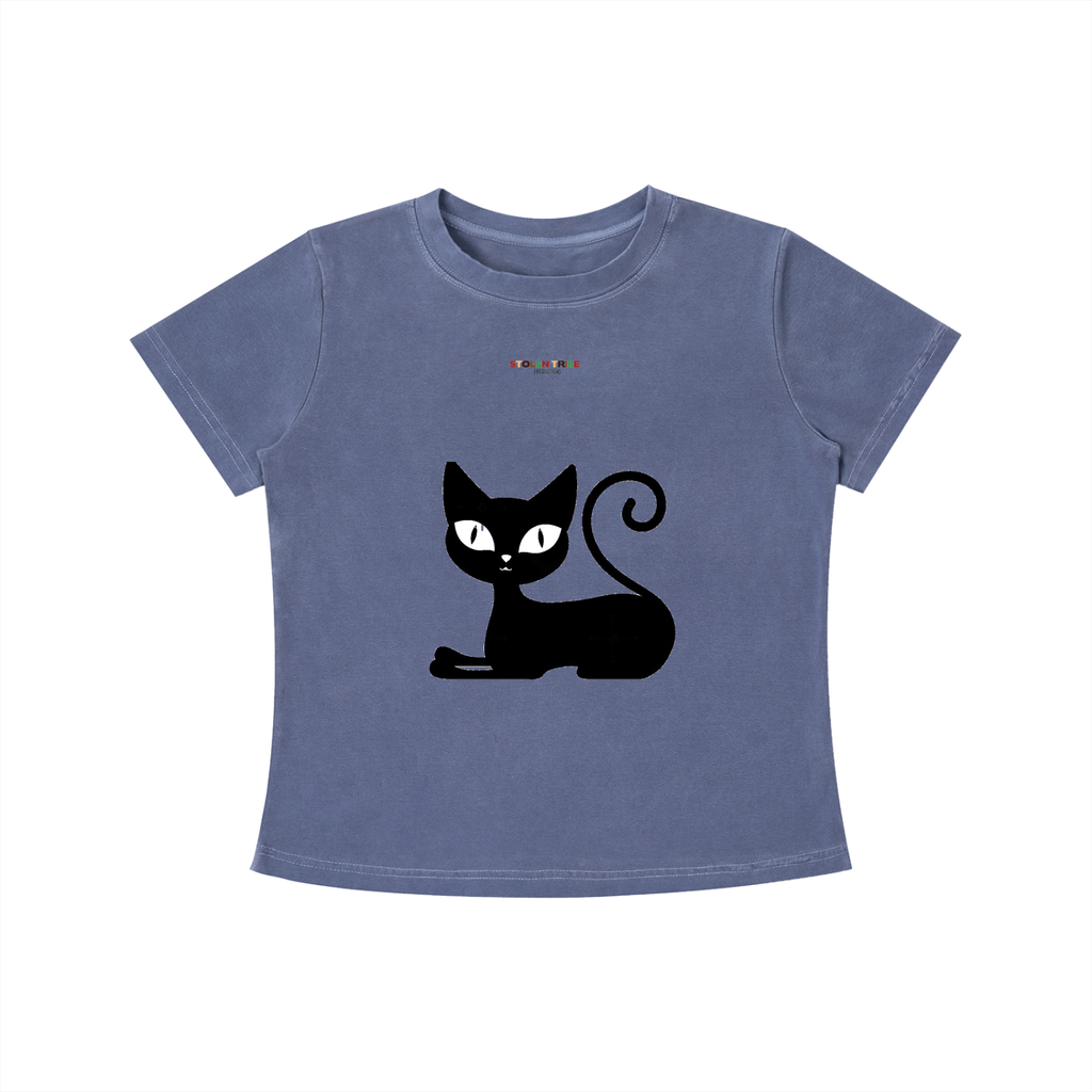 Blue t-shirt with a black cat graphic on a white background