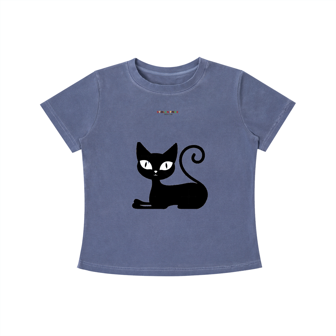Blue t-shirt with a black cat graphic on a white background
