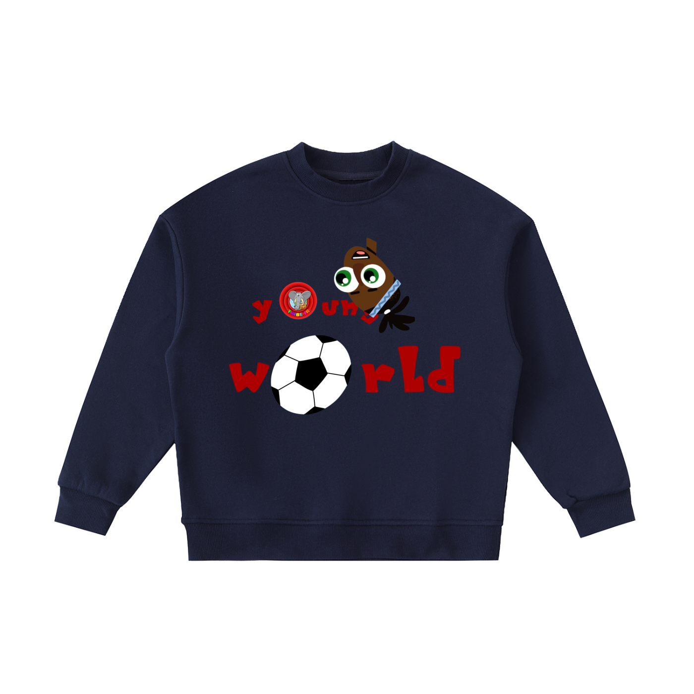 Navy blue sweatshirt with cartoon design and text on a white background