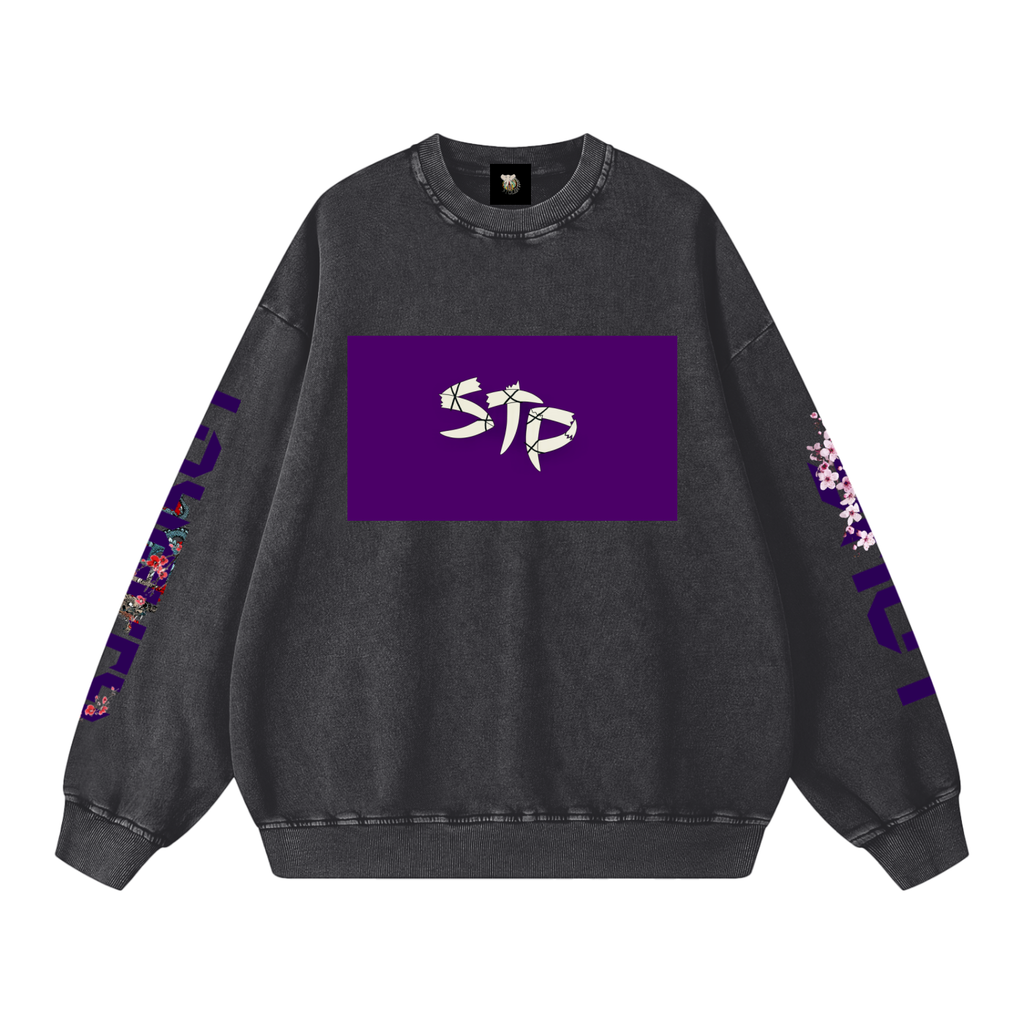 Black sweatshirt with purple logo and floral patterns on sleeves against a white background