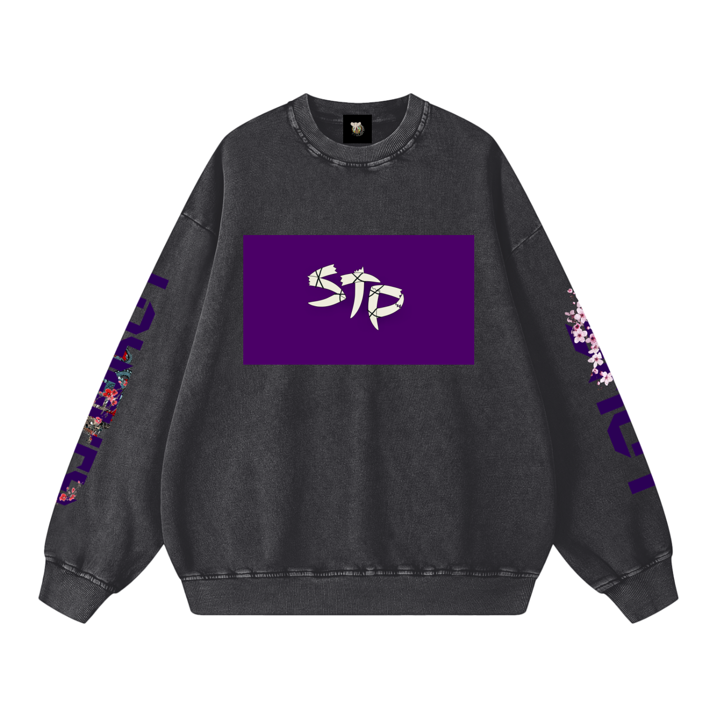 Black sweatshirt with purple logo and floral patterns on sleeves against a white background