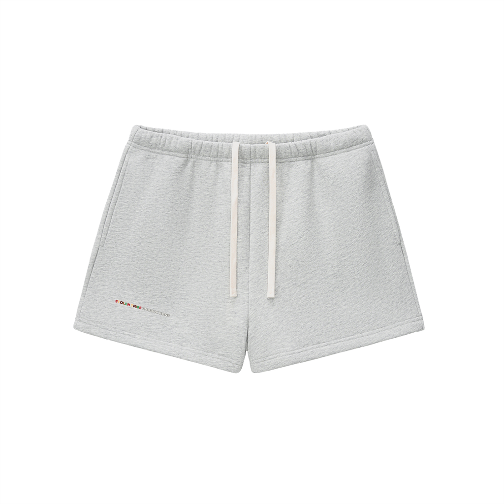 Gray shorts with drawstring on a white background