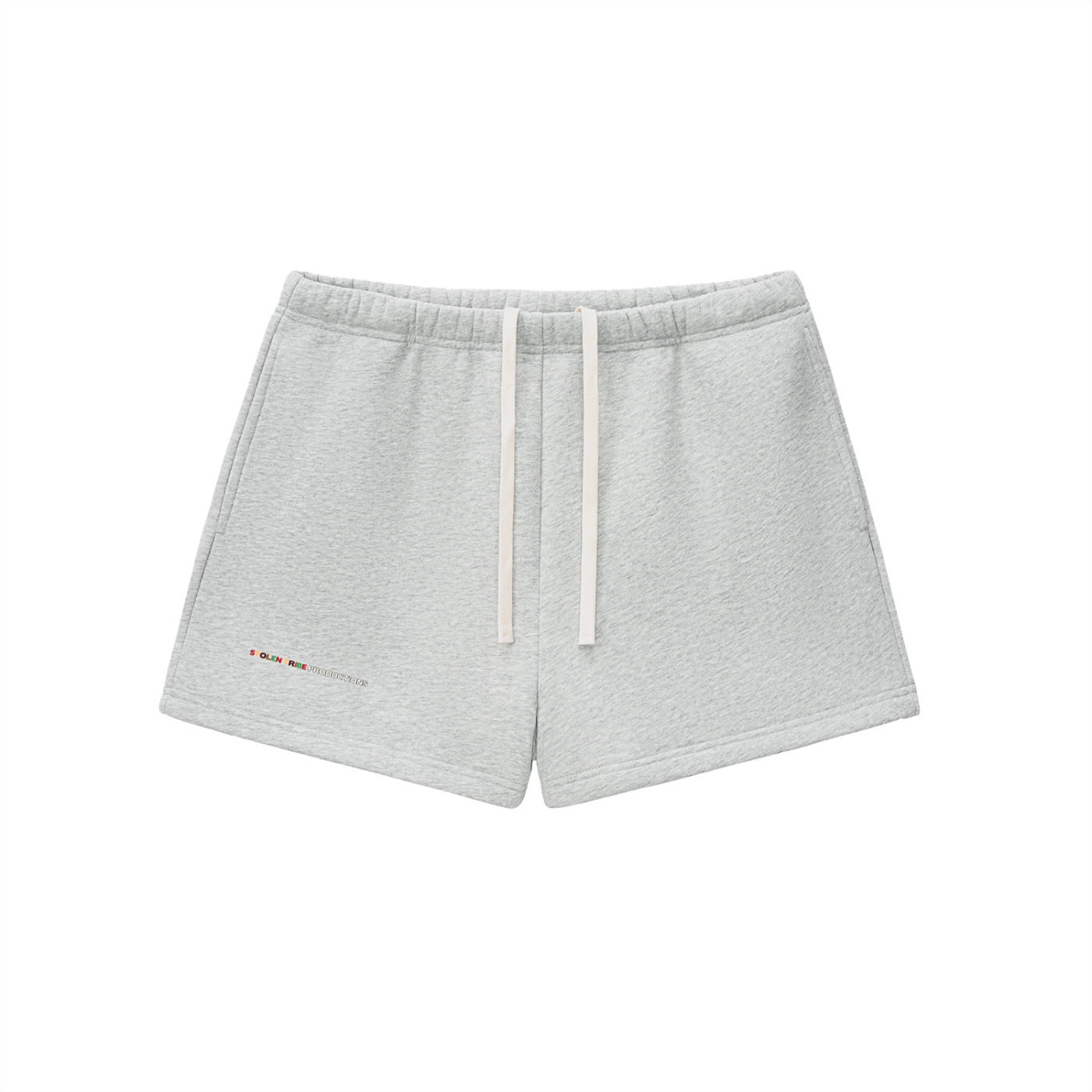 Gray shorts with drawstring on a white background