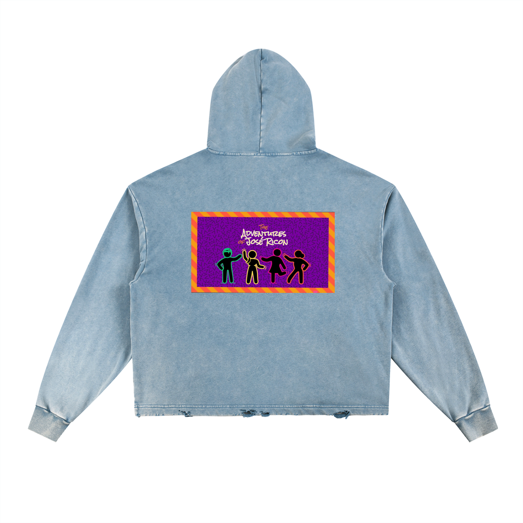 Light blue hoodie with a colorful graphic on the back against a white background