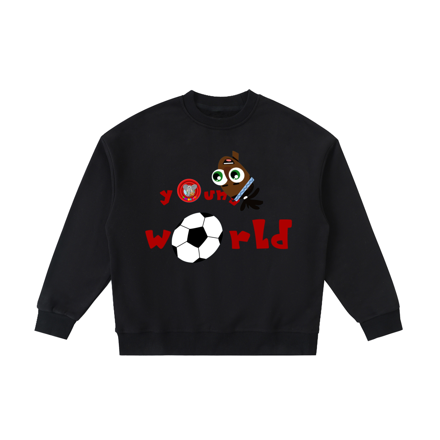 Black sweatshirt with cartoon character and text on a white background