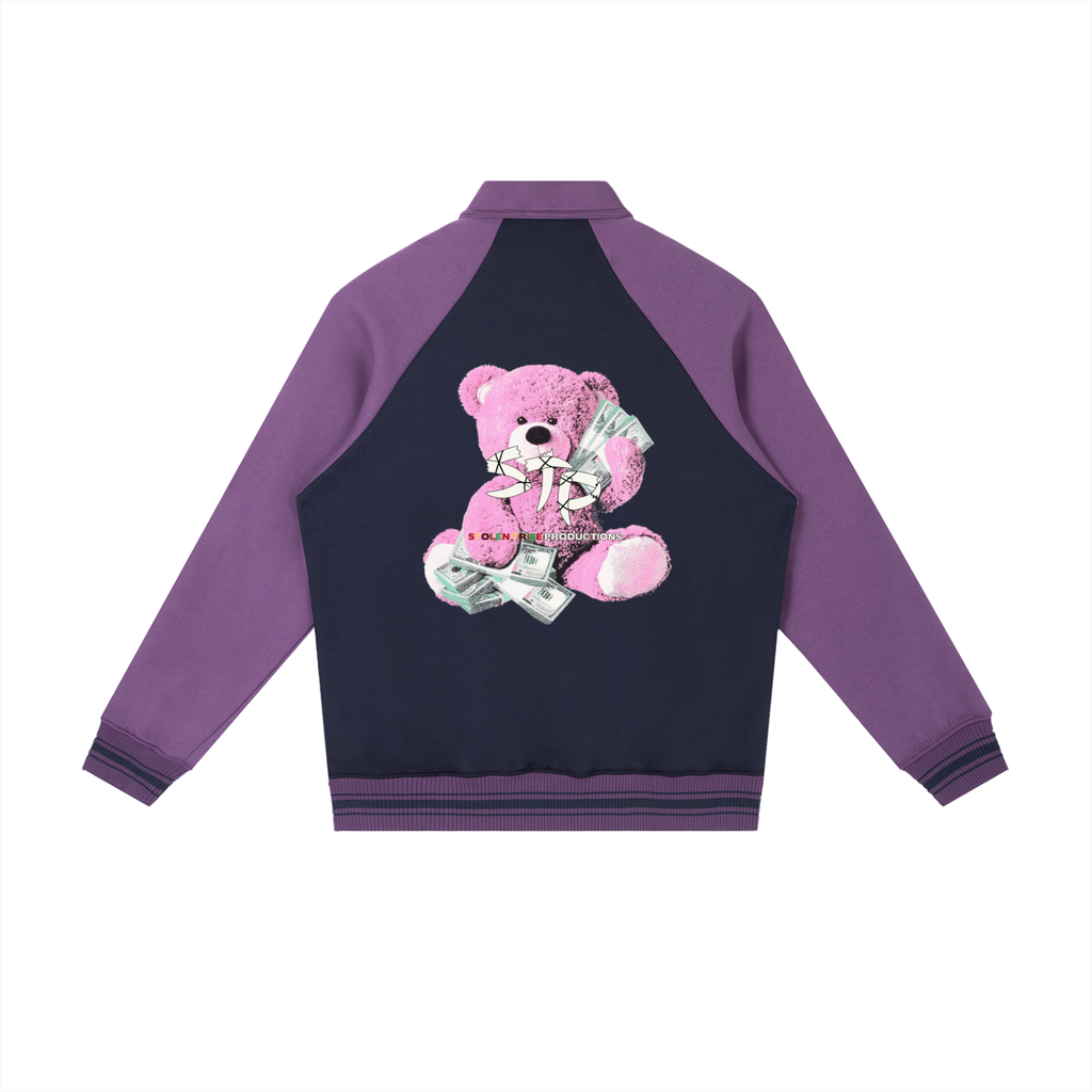Purple and black jacket with a pink teddy bear design on the back, featuring money and a gun.