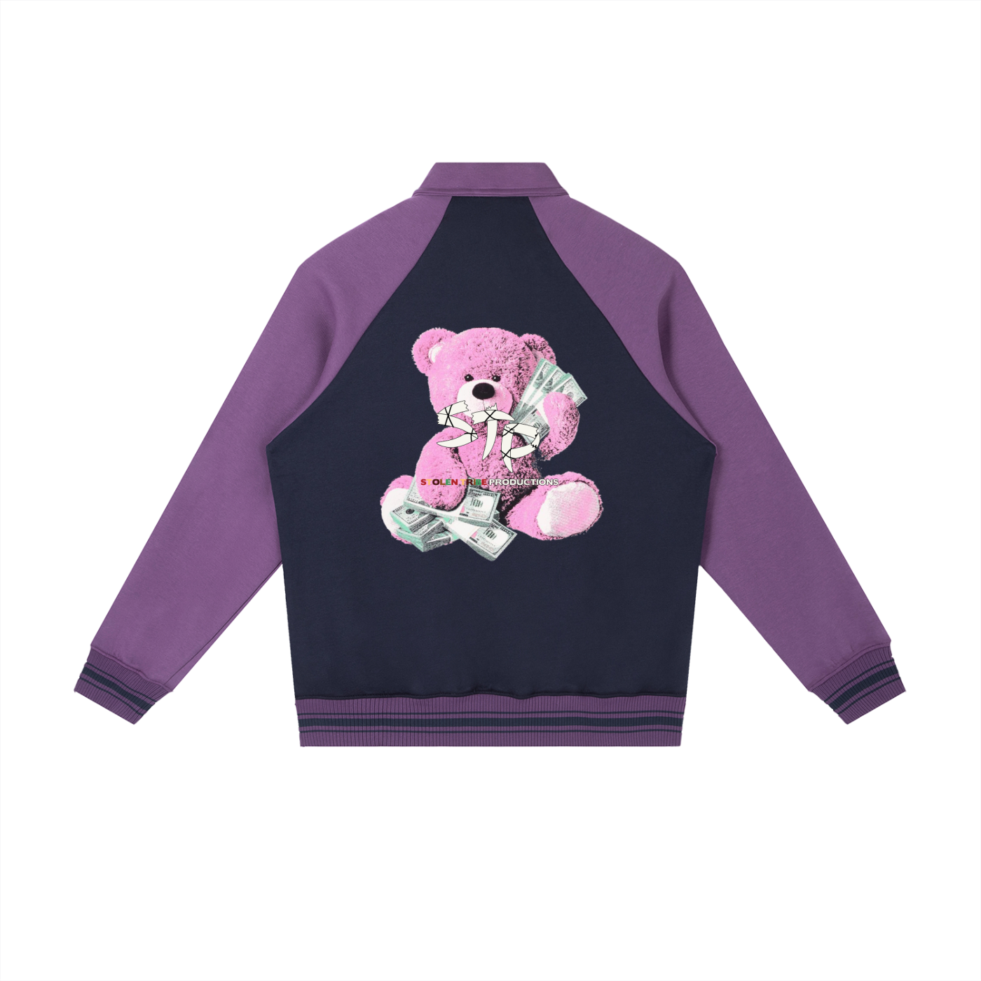Purple and black jacket with a pink teddy bear design on the back, featuring money and a gun.