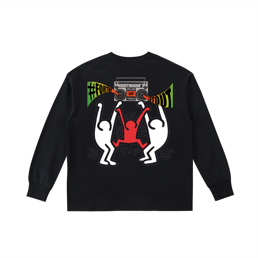 Black long-sleeve shirt with colorful graphic design on a white background