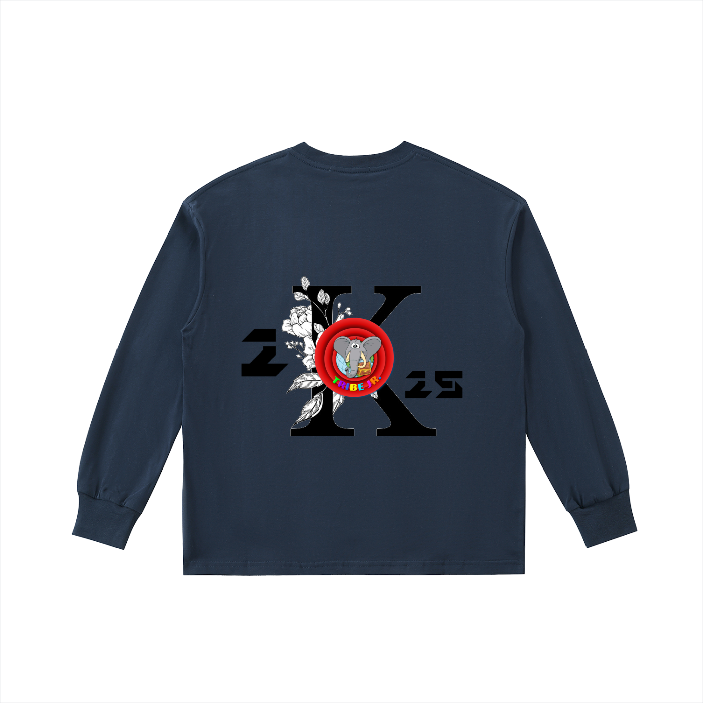 Navy blue long-sleeve shirt with a colorful graphic design on the back against a white background