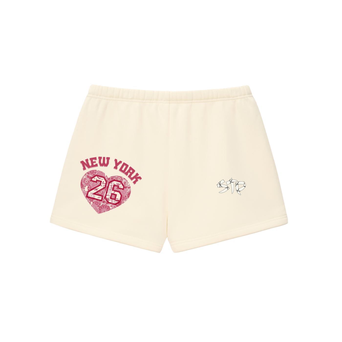 Beige shorts with 'New York 26' heart design on a white background