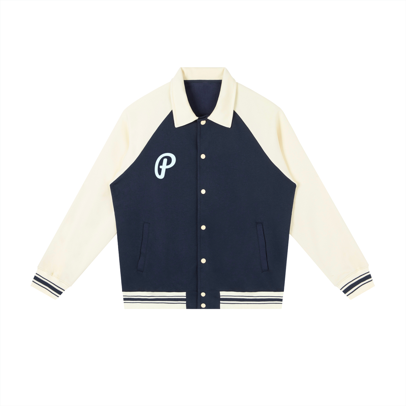 Navy and cream varsity jacket with a logo on a white background