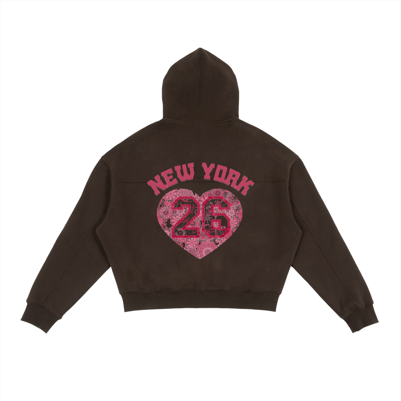 Brown hoodie with pink 'New York 26' heart design on the back against a white background