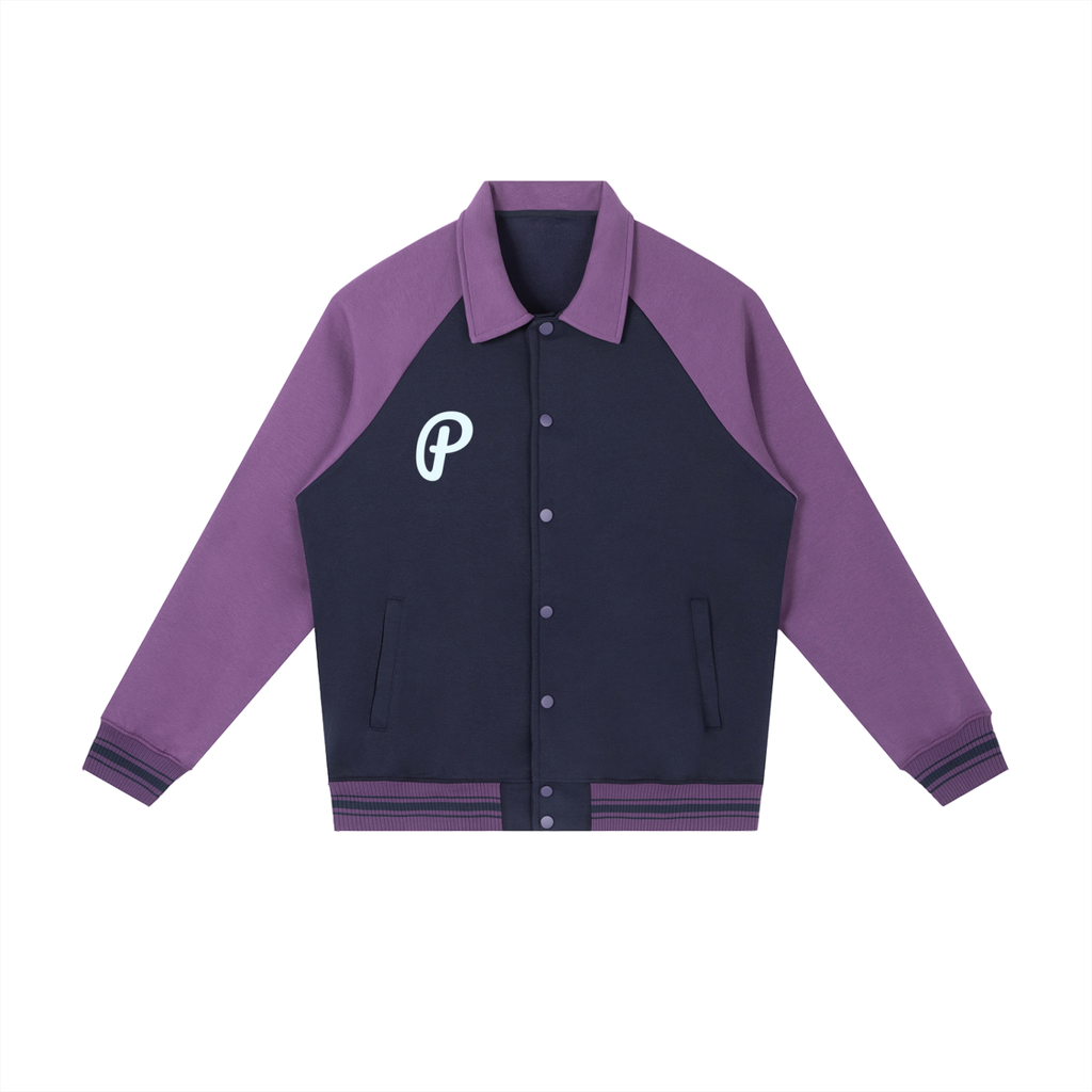 Purple and black varsity jacket with a logo on a white background