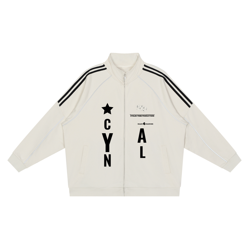 White jacket with black stripes and text on a white background