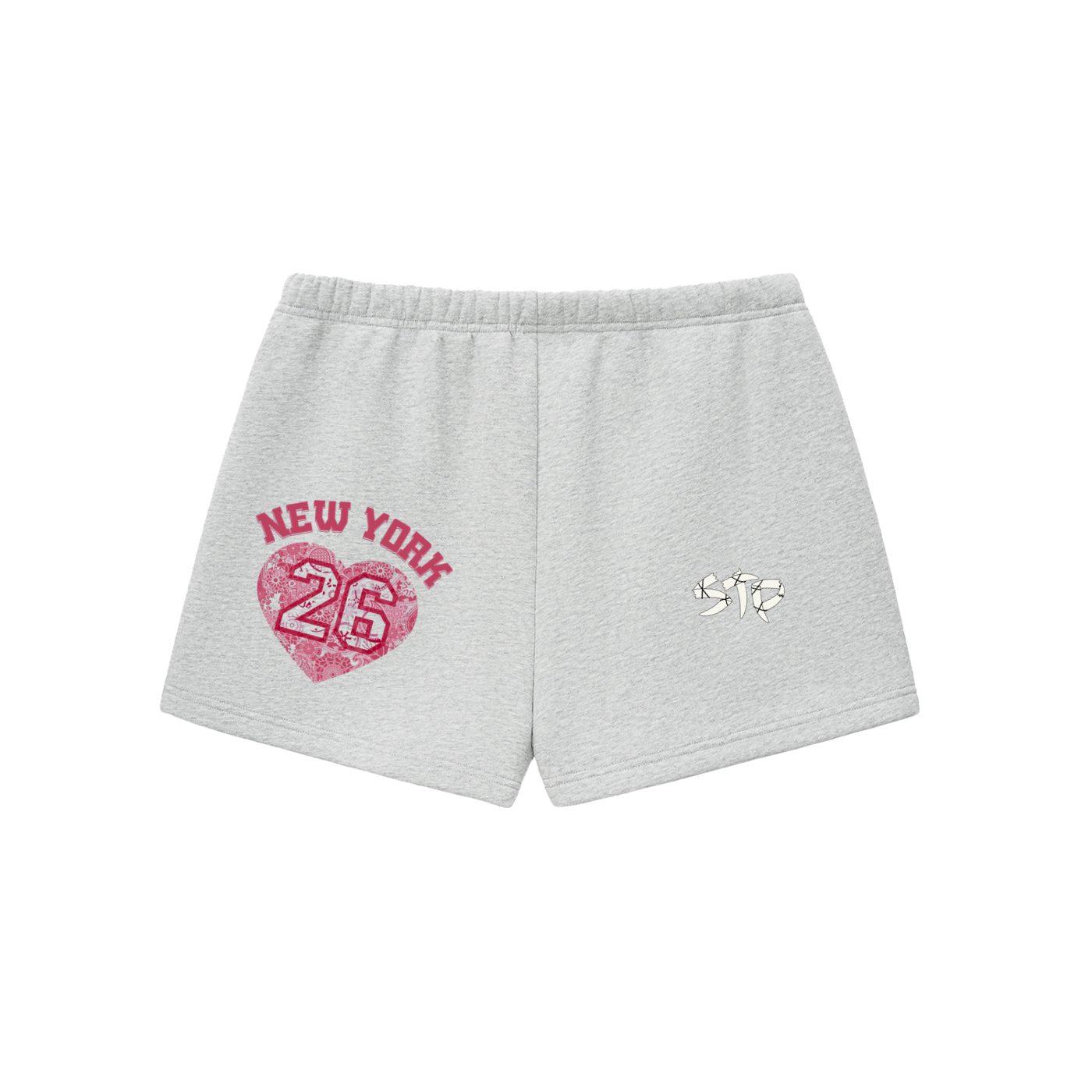 Gray shorts with 'New York 26' print on a white background