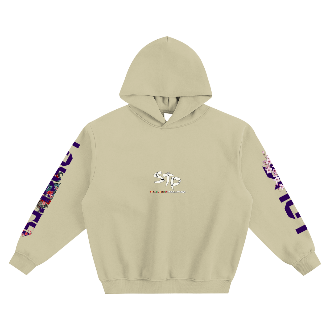 Beige hoodie with floral designs on sleeves and a logo on a white background