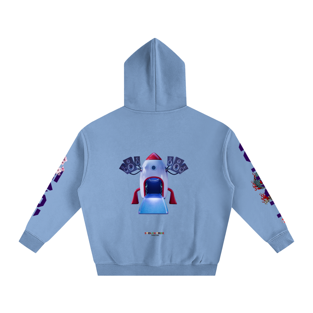 Light blue hoodie with colorful graphics on sleeves and back on a white background