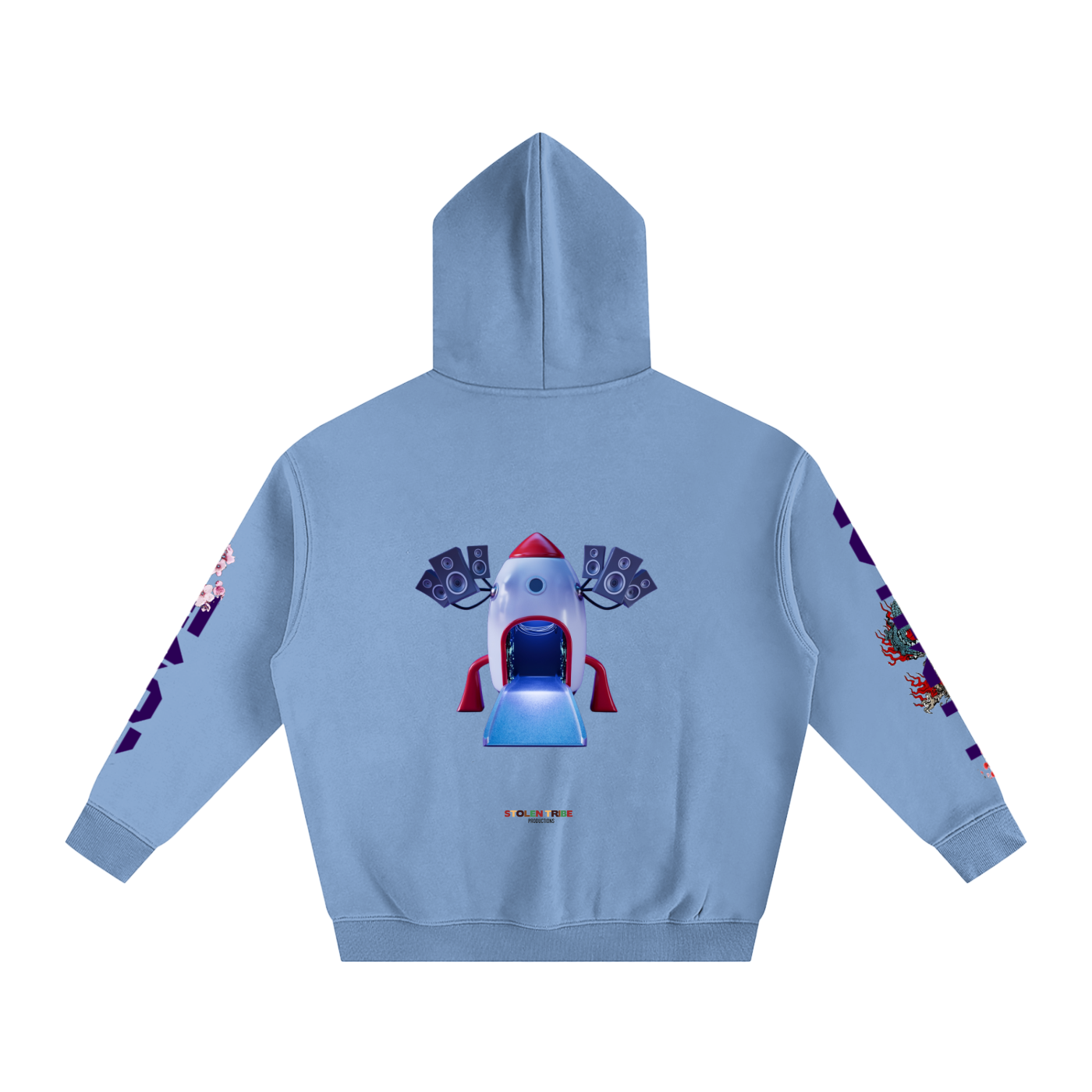 Light blue hoodie with colorful graphics on sleeves and back on a white background