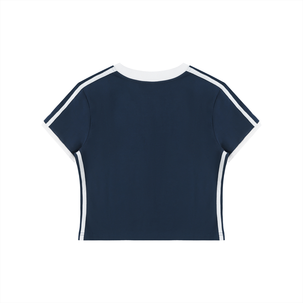 Navy blue t-shirt with white stripes on sleeves on a white background