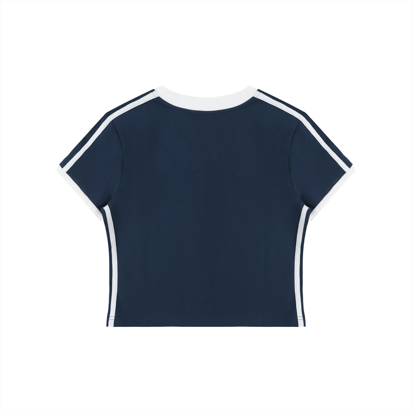 Navy blue t-shirt with white stripes on sleeves on a white background