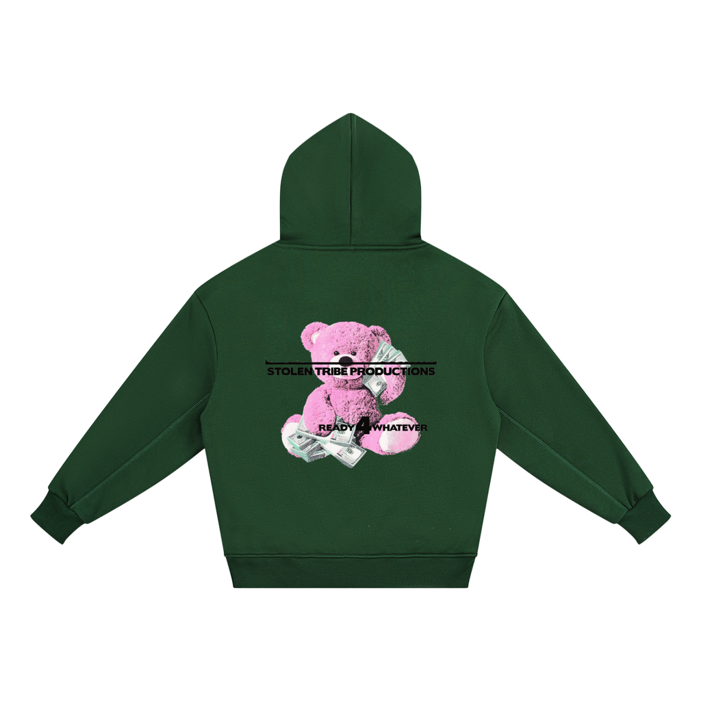 Green hoodie with a pink bear graphic and text on the back, on a white background