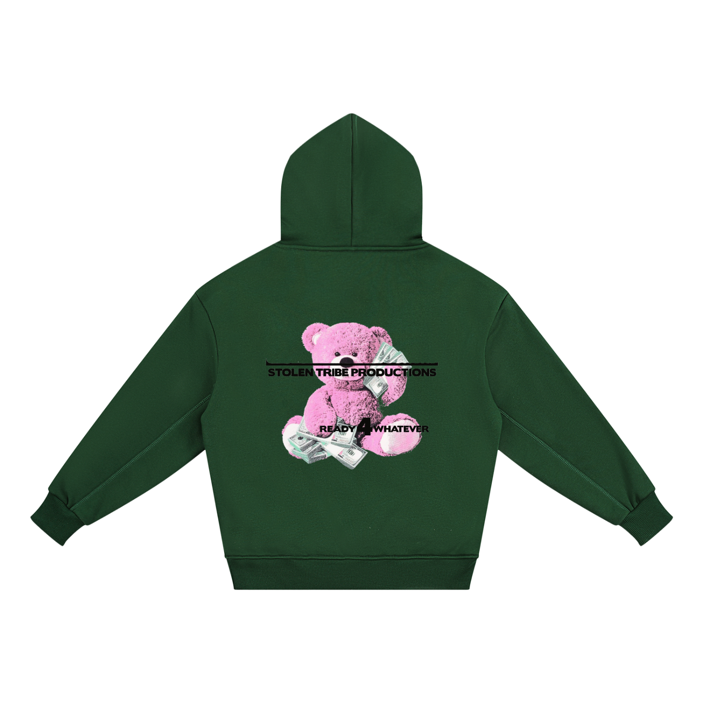 Green hoodie with a pink bear graphic and text on the back, on a white background