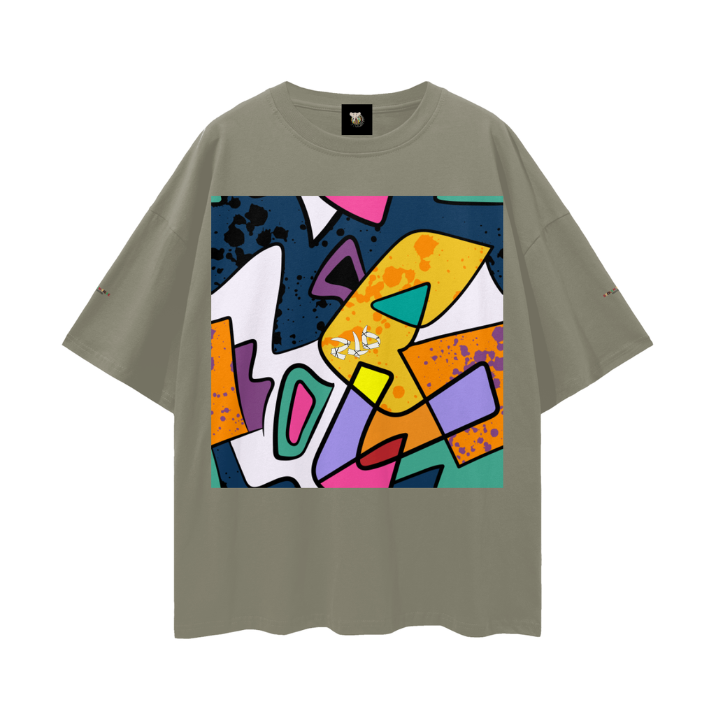 Green t-shirt with a colorful abstract design on a white background