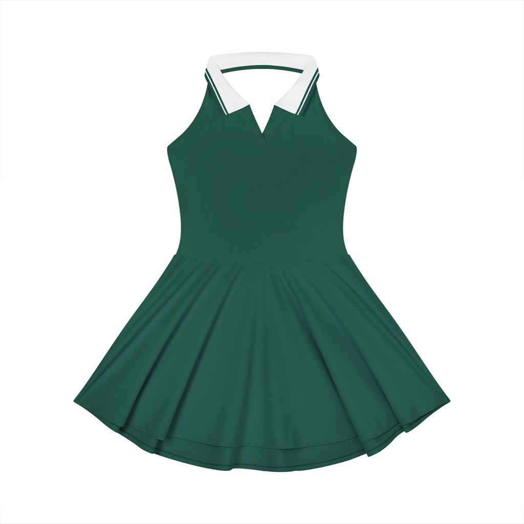 Green dress with white collar on a white background