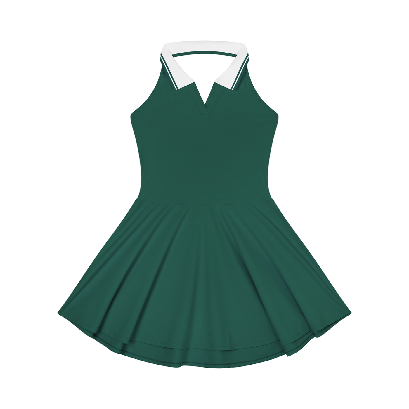 Green dress with white collar on a white background