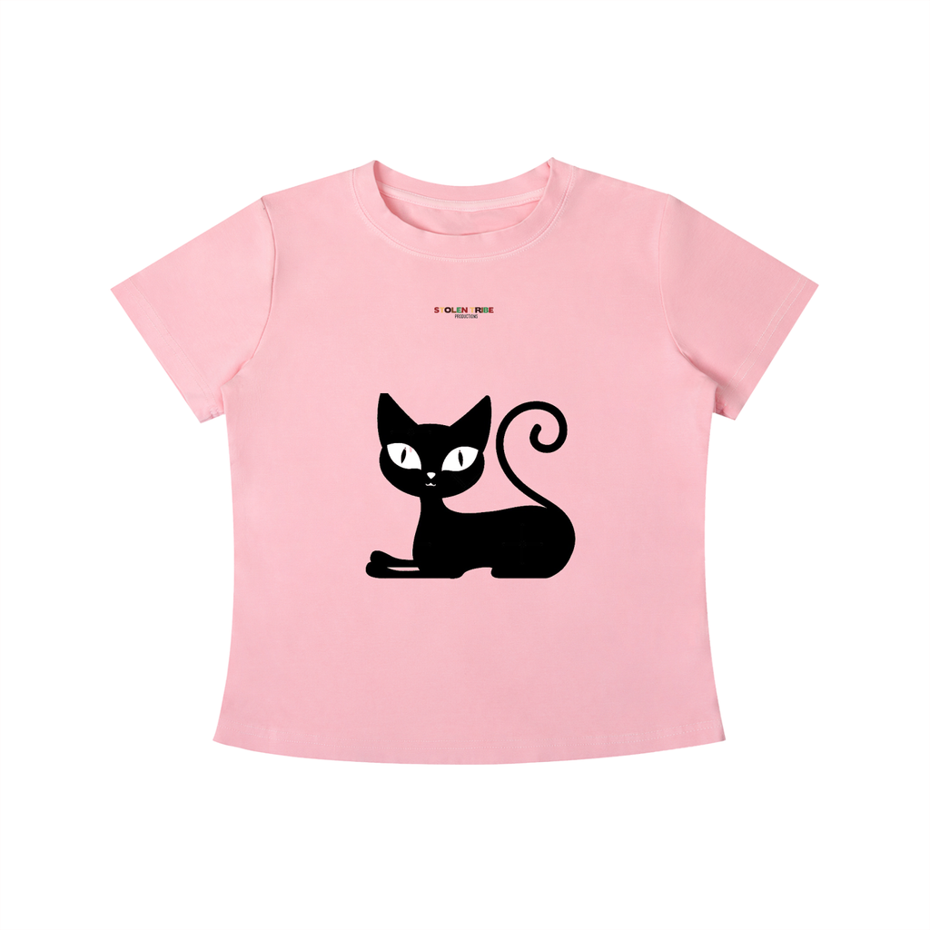 Pink t-shirt with a black cat graphic on a white background