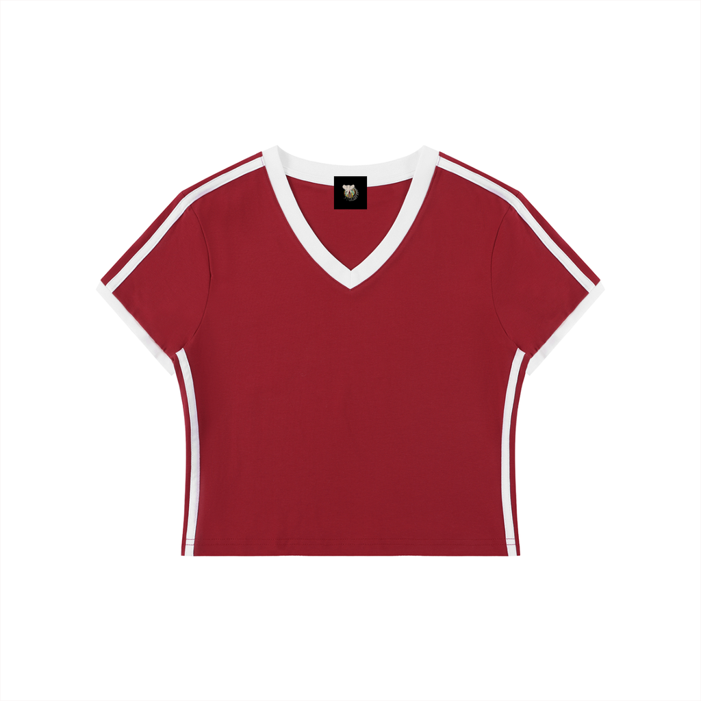 Red t-shirt with white trim on a white background