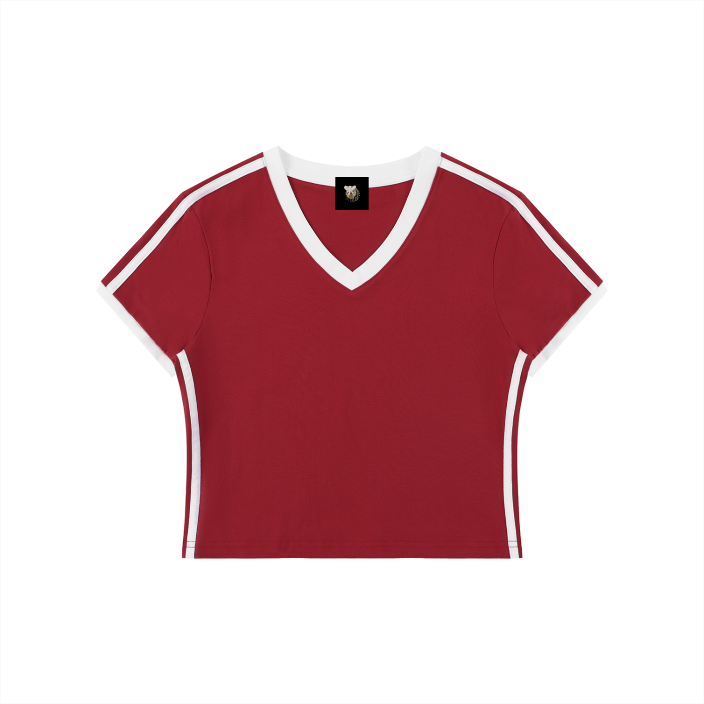 Red t-shirt with white trim on a white background