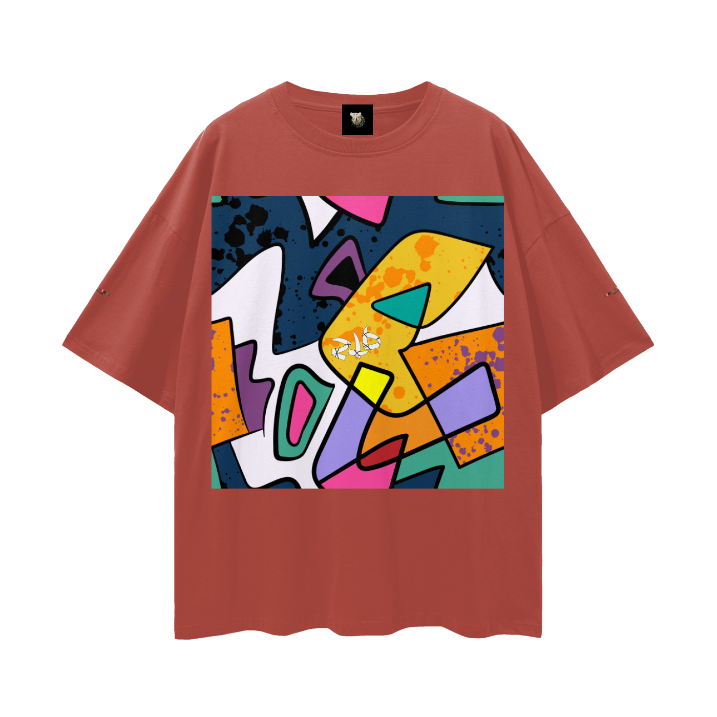 Brown t-shirt with a colorful abstract design on a white background