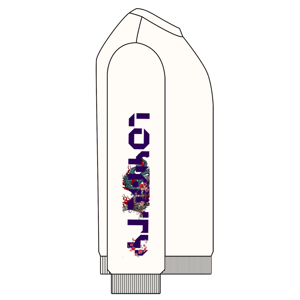 White sweatshirt with colorful floral design and text on a white background