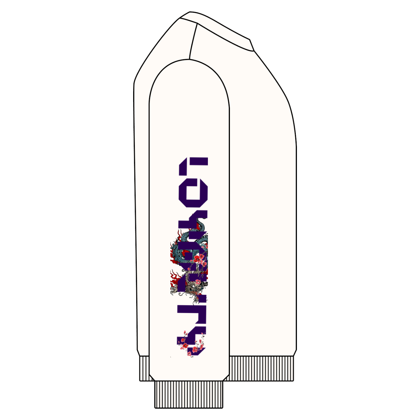 White sweatshirt with colorful floral design and text on a white background