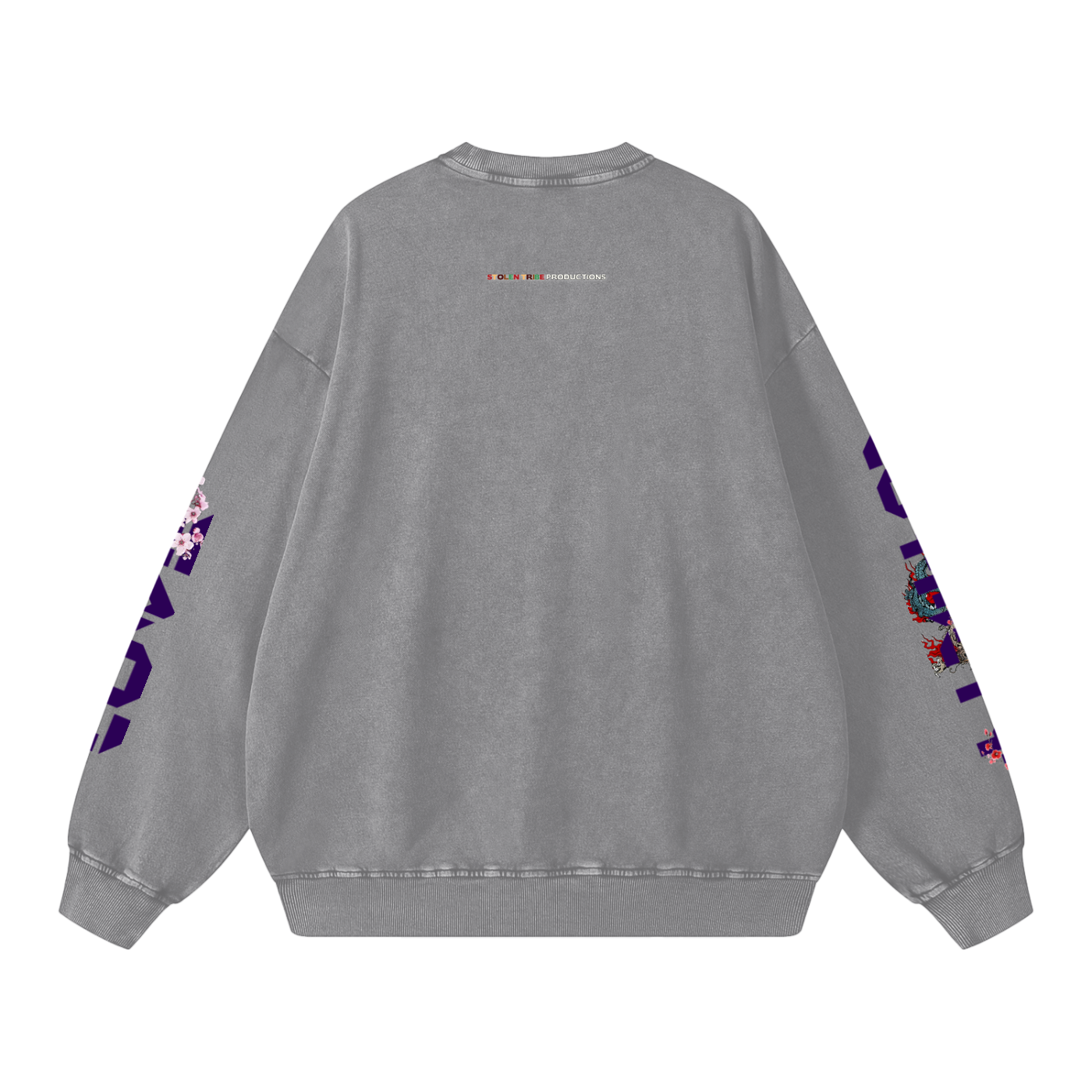 Gray sweatshirt with colorful designs on sleeves against a white background
