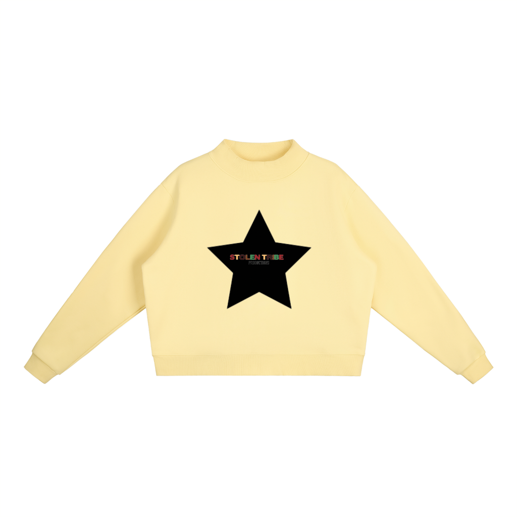 Yellow sweatshirt with a black star design on a white background