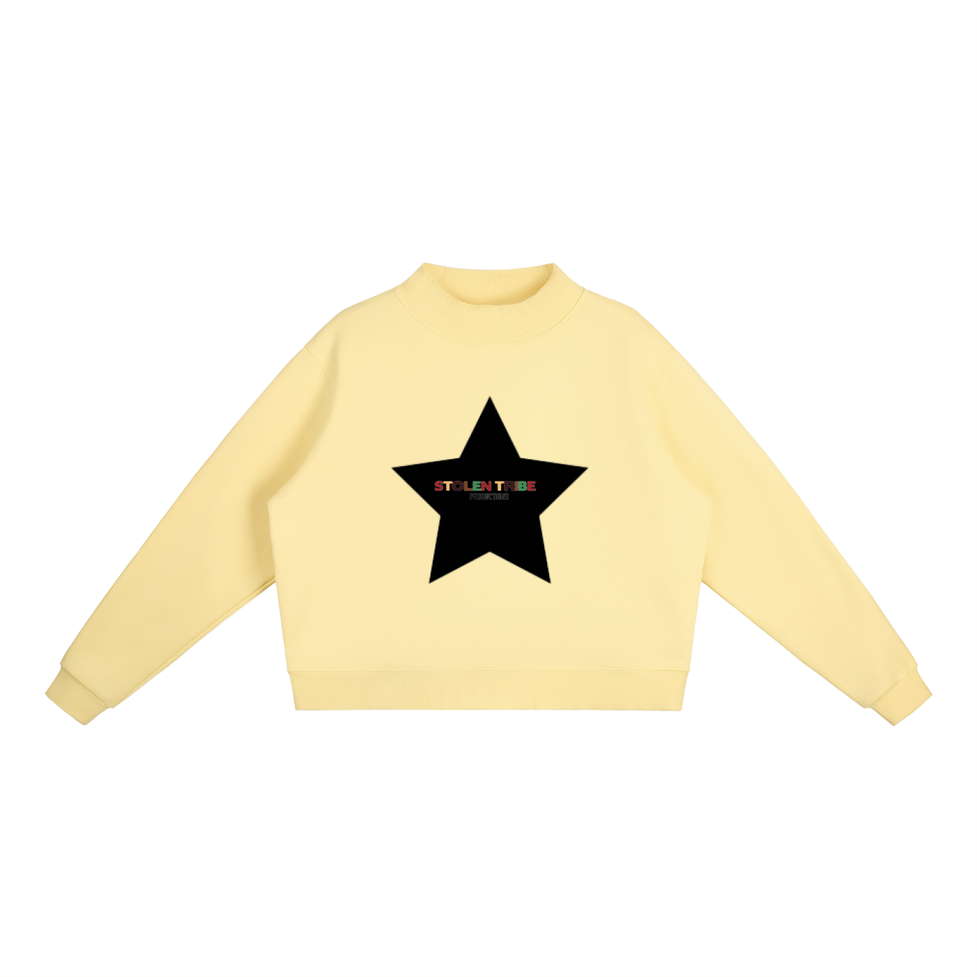 Yellow sweatshirt with a black star design on a white background
