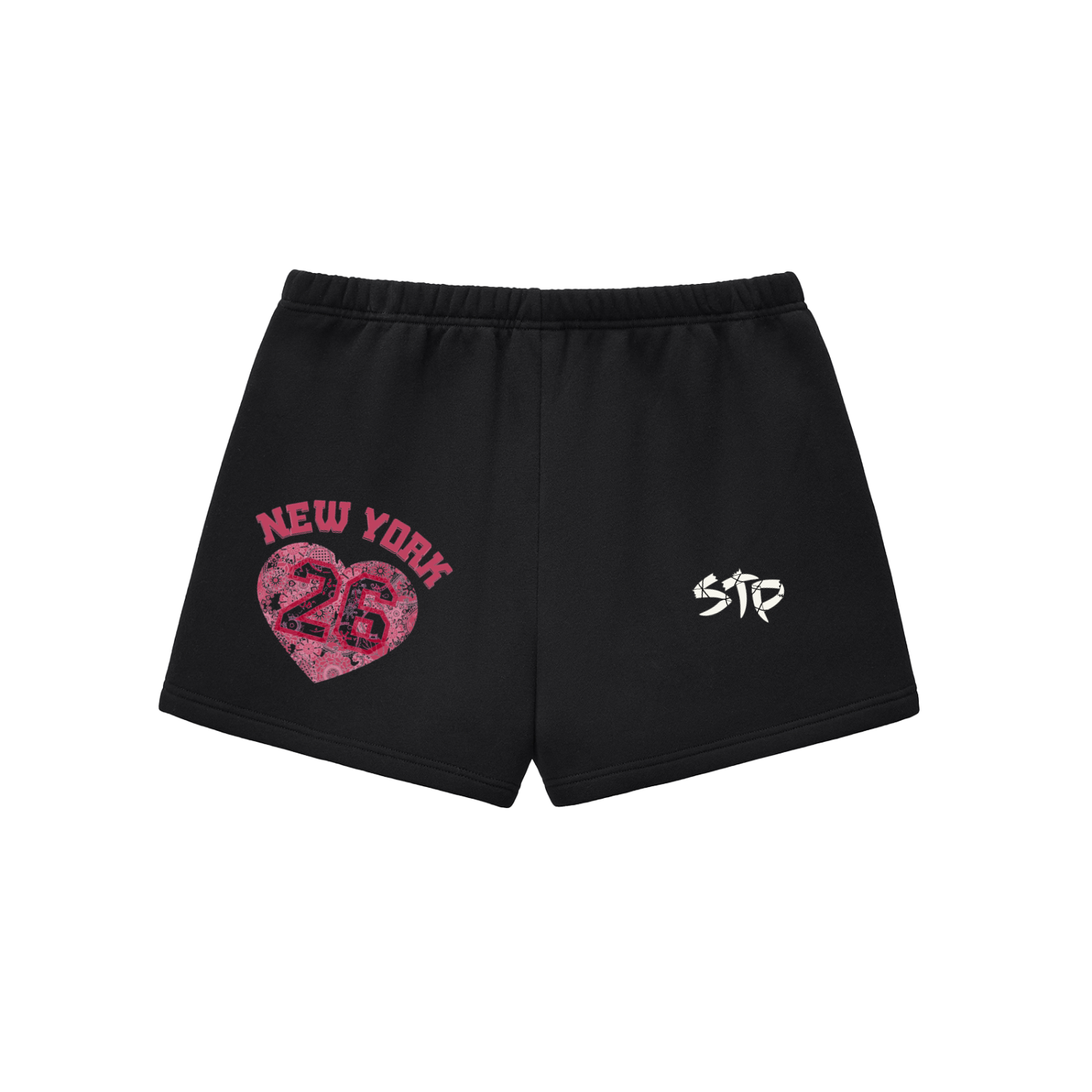 Black shorts with 'New York 26' heart design and 'STP' logo on a white background