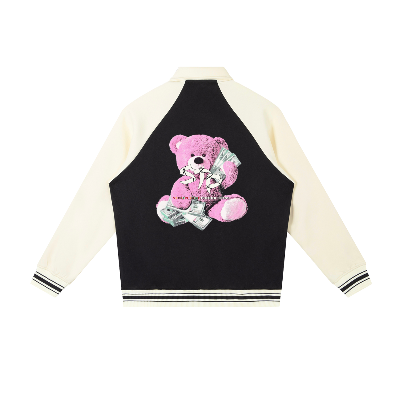 Black and white varsity jacket with a pink teddy bear design on the back