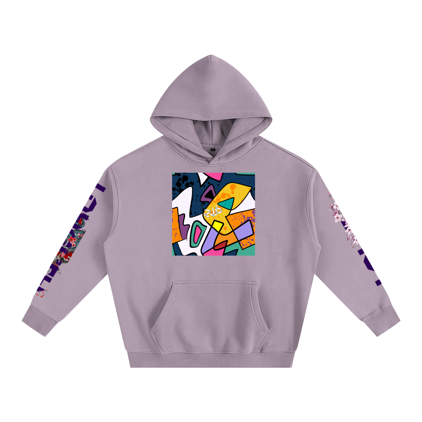 Purple hoodie with colorful geometric design on a white background