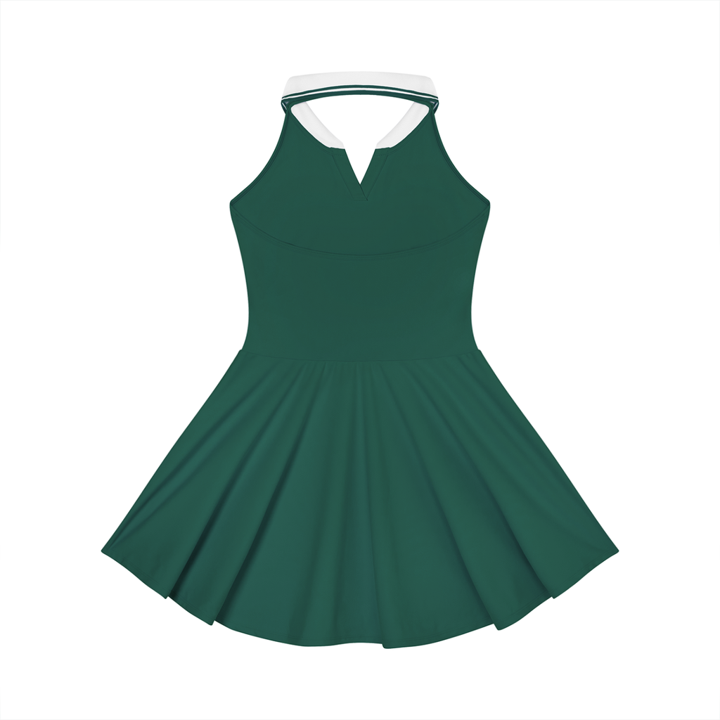 Green dress with white collar on a white background