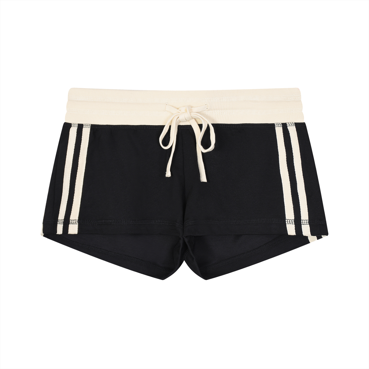 Black shorts with white stripes and drawstring on a white background