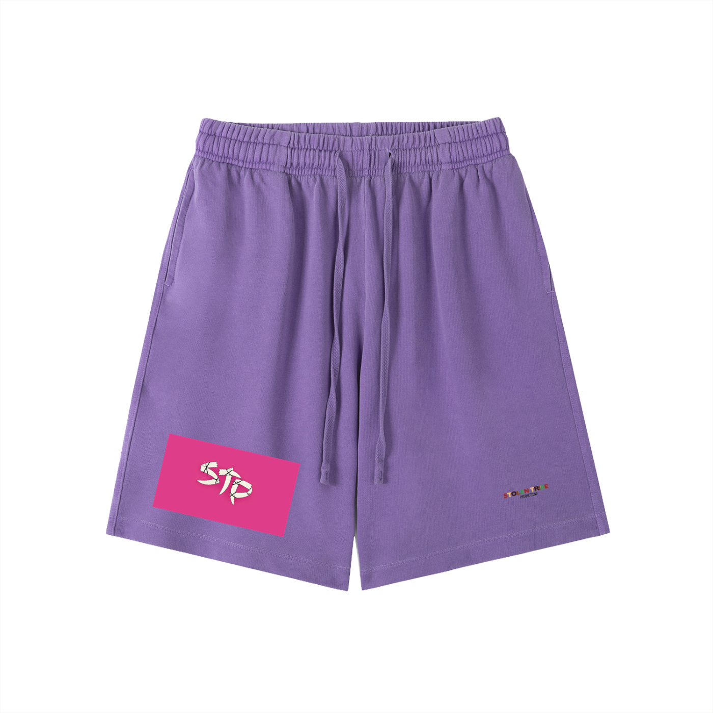 Purple shorts with a pink logo on a white background