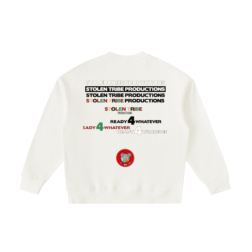 White sweatshirt with text and logo on the back against a white background