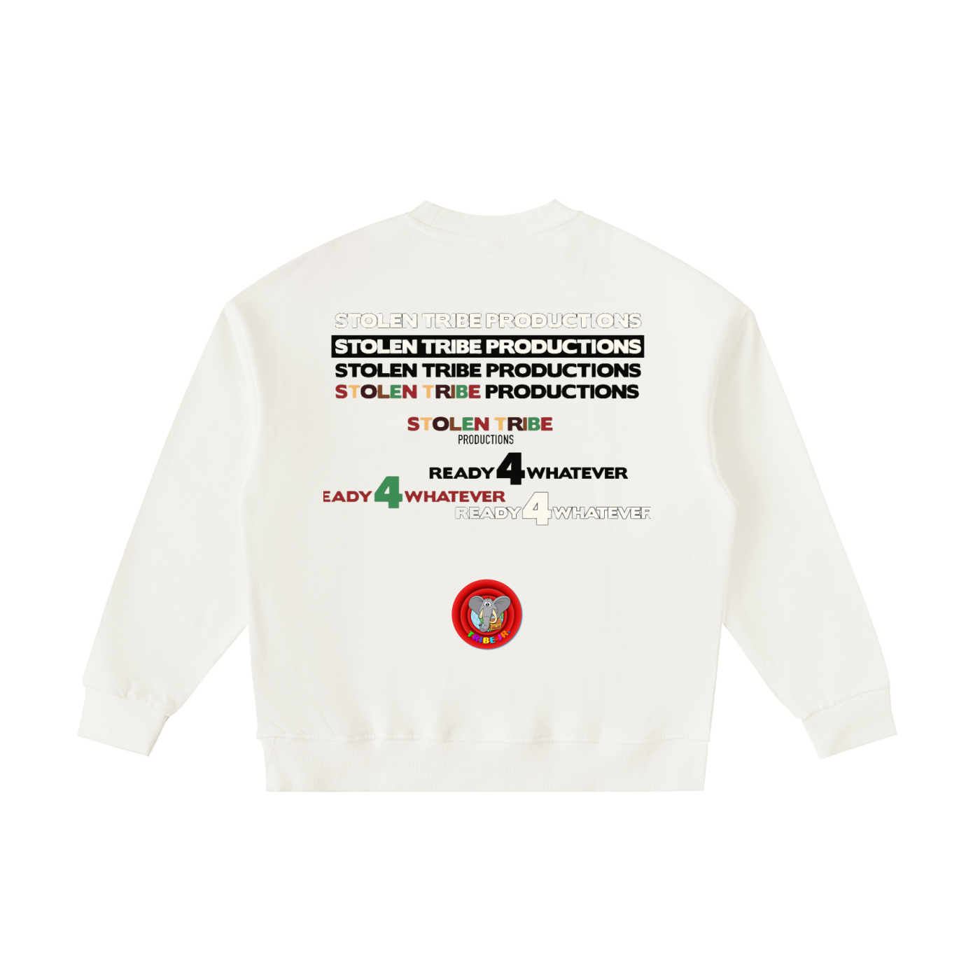 White sweatshirt with text and logo on the back against a white background