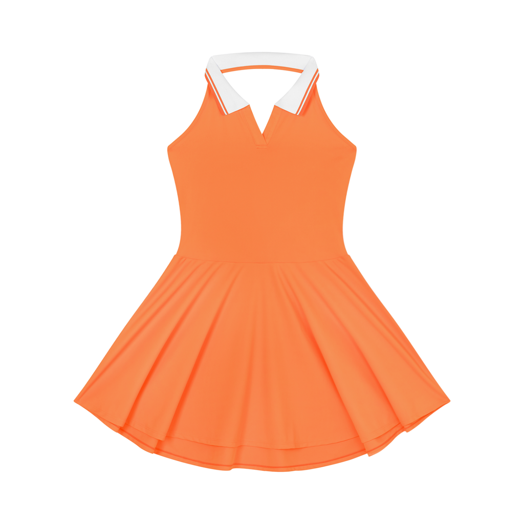 Orange dress with white collar on a white background